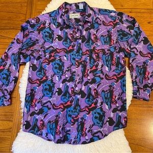 Vintage 90s 100% Silk Leena Studio Button Up Shirt Abstract Vivid Purple Print